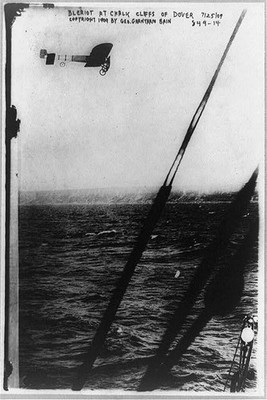 Louis Bl�riot,1872-1936,in his plane over the cliff,Dover,July 25,1909,England
