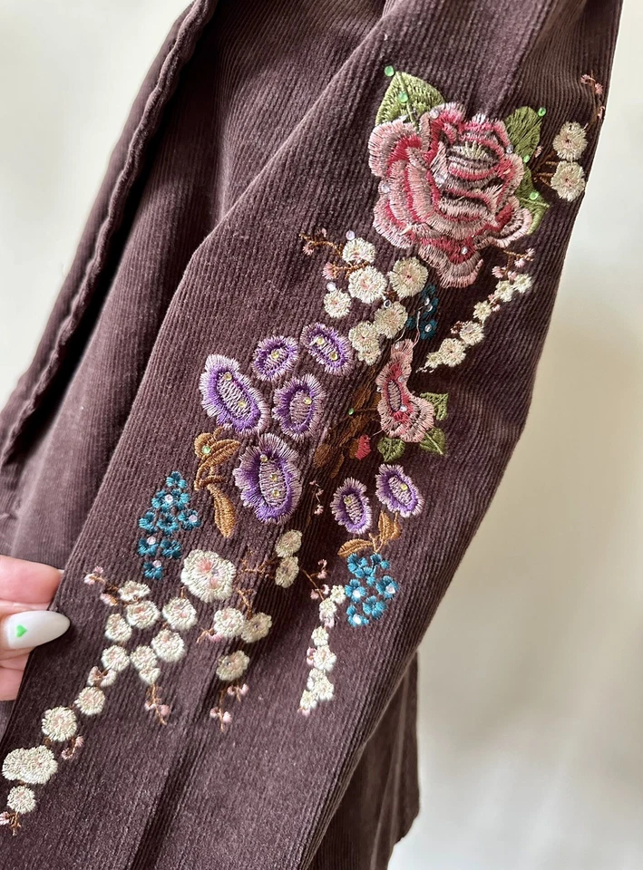 Vintage TM True Meaning Womens Jacket Blazer Brown Embroidered Flowers Size 2 Foto 4 de 4