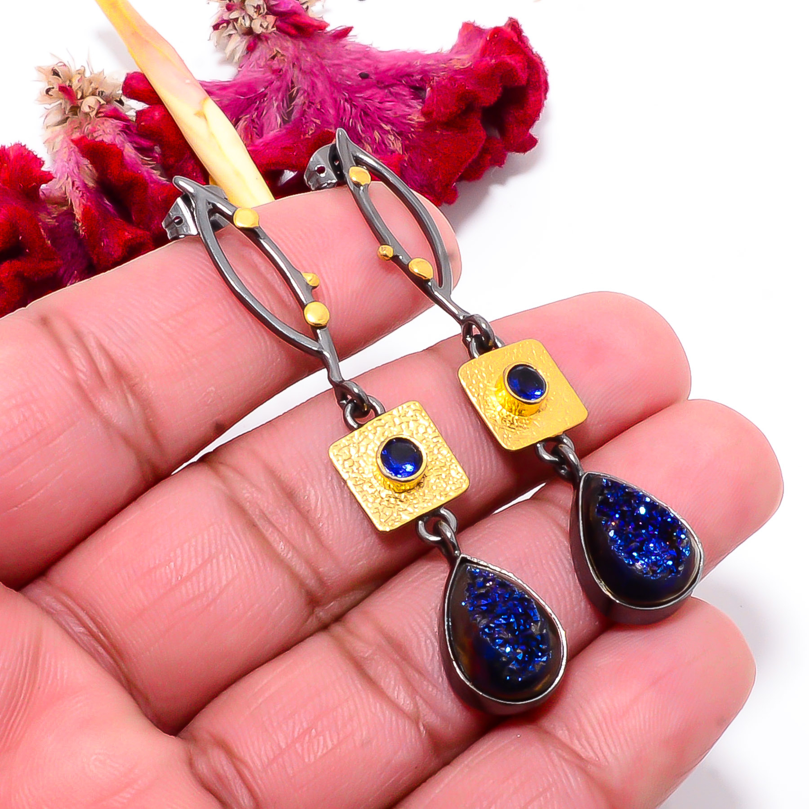 Electric Blue Titanium Agate Drusy Earrings with Sapphire in 925 Silver 2.34 Inch Sku8