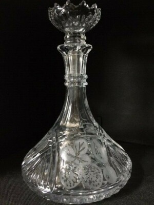 Vintage ~1930 crystal ship's decanter with etched fruits & flower