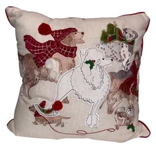 Pier 1 Imports Pillow Christmas Dog  Park Avenue Puppies Dogs Embroidered 3D