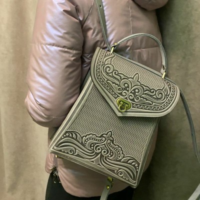 Women's Gray HANDMADE embossed LEATHER bag lady's Handbag VECTOR
