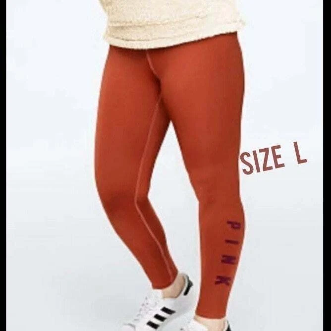 Nwt Victoria's Secret Pink Burnt Orange Cozy Fleece Lined Leggings L Lg