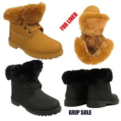 KINDER MÄDCHEN WINTER KNÖCHEL RUTSCHFESTE SOHLE SCHNEE FELLKRAGEN GEFÜTTERT WARM KAMPFSTIEFEL SCHUHE