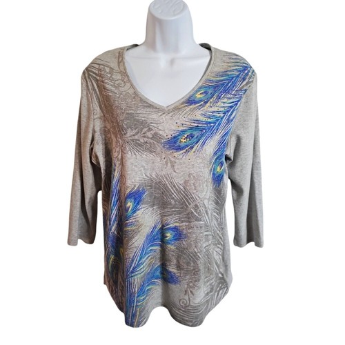 Karen Scott Large Grey Blue Sparkling V-neck Classic Casual Peacock 3/4 Shirt