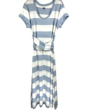 Lands End Women's Maxi Dress M Blue White Stripe Wrap Belt Soft Stretch Beach