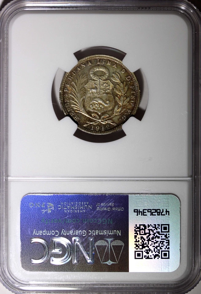PERU Silver 1912 FG R 1/5 Sol NGC MS63 Mintage-300,000 Nice Toned KM# 205.2 (4) - Image 3 of 4