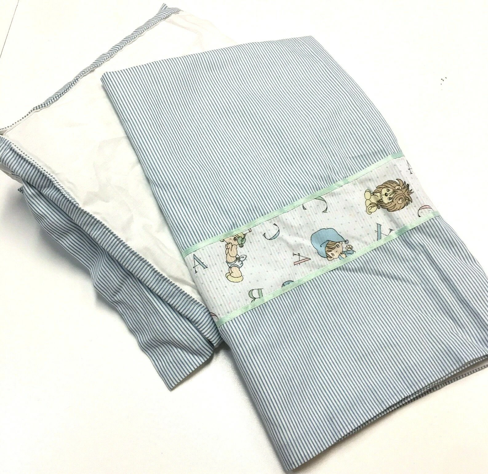 Precious Moments Baby Crib Skirt Dust Ruffle Blue Stipe Curtain Panel Set Custom