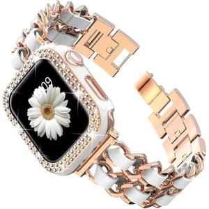 Edelstahl und Leder Armband+Bling Schutzhülle Für iWatch Series 9 8 7 6 5 4 3 SE