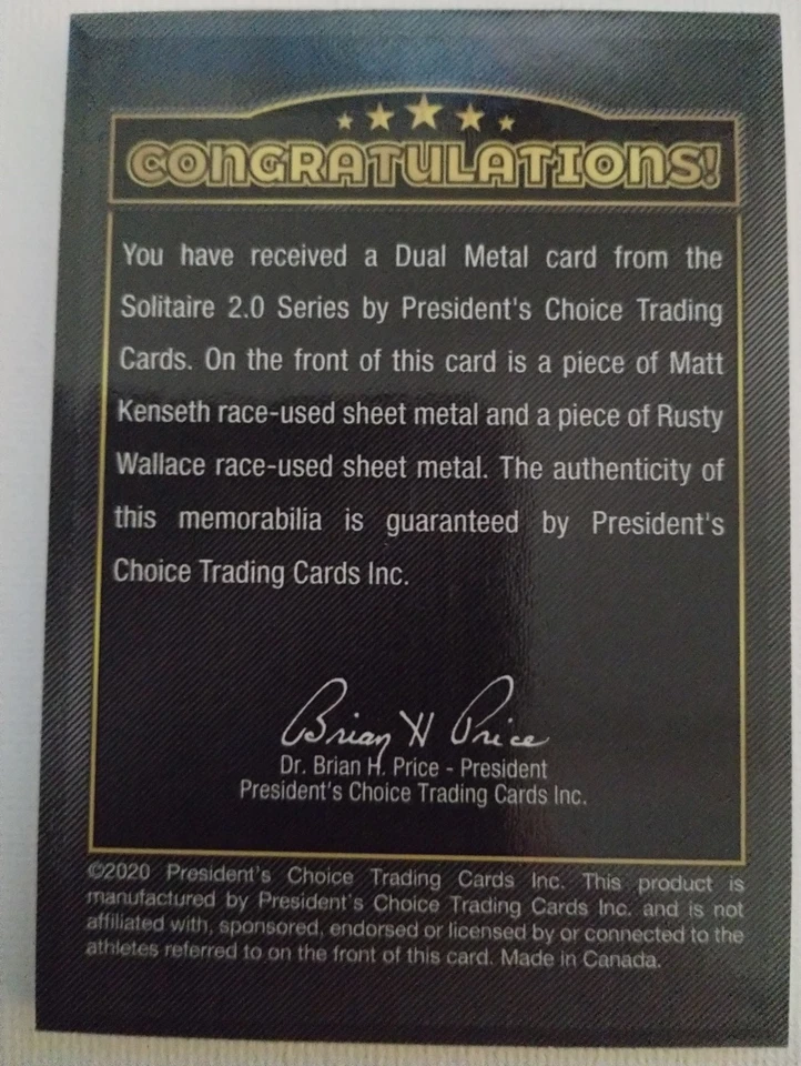 2020 President's Choice двойной металлический Kenseth/Wallace Nascar 1/1 - Изображение 2 из 2