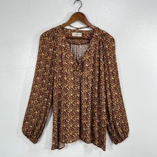 Natural Life Boho Floral Peasant Blouse Womens XL Brown Orange Rayon Tie Neck