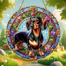 Acrylic Dachshund Hanging Sign Colorful Floral Round Decor for Home Garden Gifts