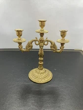 Greek Vintage Heavy Solid Brass Triple Candlestick 5-1/4” Tall