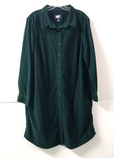 Lands End PINWALE CORD 1X 16W - 18W Green Corduroy Button L/S Shirt Dress 541909