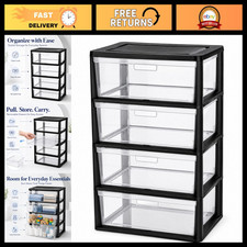 4 Drawer Plastic Storage Tower with Clear Bins - Wide Organizer for Home  Offic