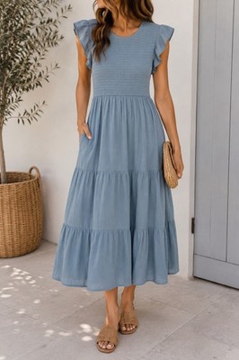 August Sky Blue Smocked Tiered Midi Dress Women s M Flutter Sleeve Lined Cottage