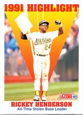 1992 Score Baseball Rickey Henderson Athletics Base 1991 Highlight NM #430