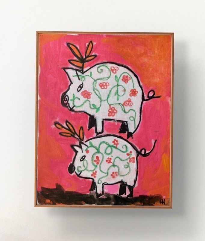 Hand Painted Pigs Expressionism Acrylic 11x14 Canvas, Holly Hammond