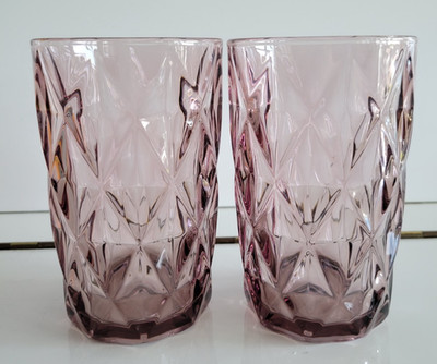 2 LIBBEY PINK GLASS DRINKING TUMBLERS HIGHBALL DIAMOND DESIGN 5 INCHES 12 OZS