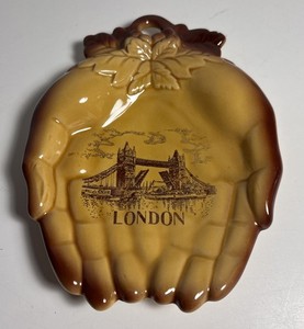 London Tower Bridge Scene On Glazed Ceramic Hands Dish Souvenir Item Yellow & Br