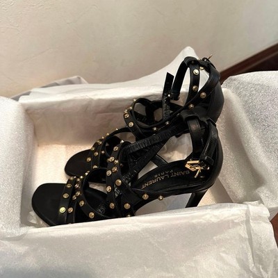 Used Saint Laurent Paris Black Leather Studded Sandals Heels Size 36.5 US 6.5