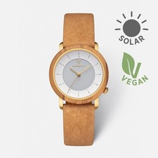 KERBHOLZ Merle 34mm Drewno oliwne Złote Ciasteczko Wegański zegarek solarny