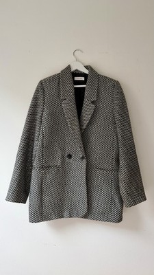 Anine Bing Fishbone Black Off White Herringbone Double Breasted Blazer Size L