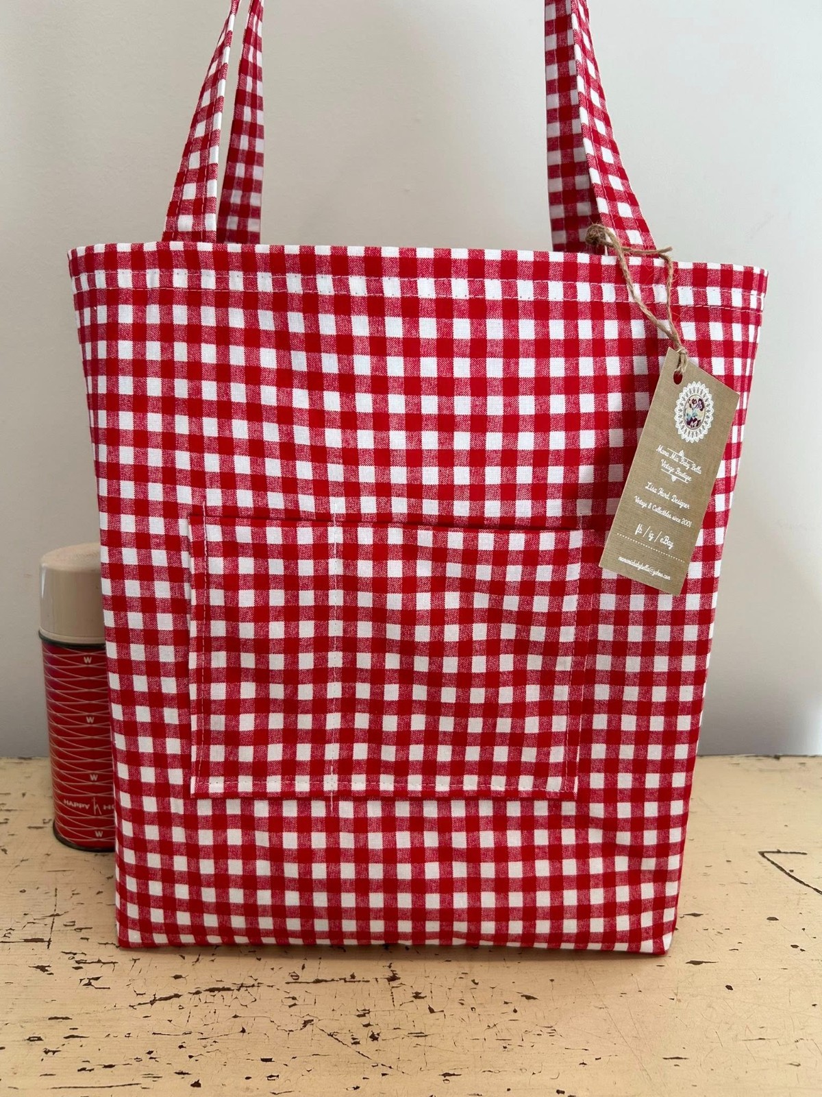 NEW Vintage Kitchen Fruit Red Gingham Tablecloth Tote Market Reusable Bag Gift 
