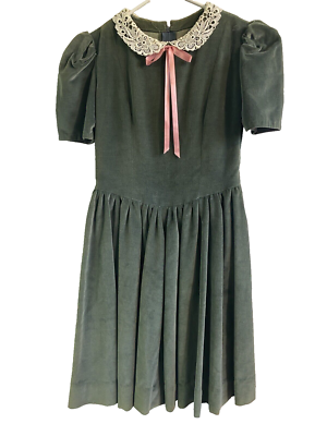 Vintage 60s/70s Sage Green Cotton Velvet Puff Sleeve Girls Dress Lace Collar  8 | eBay