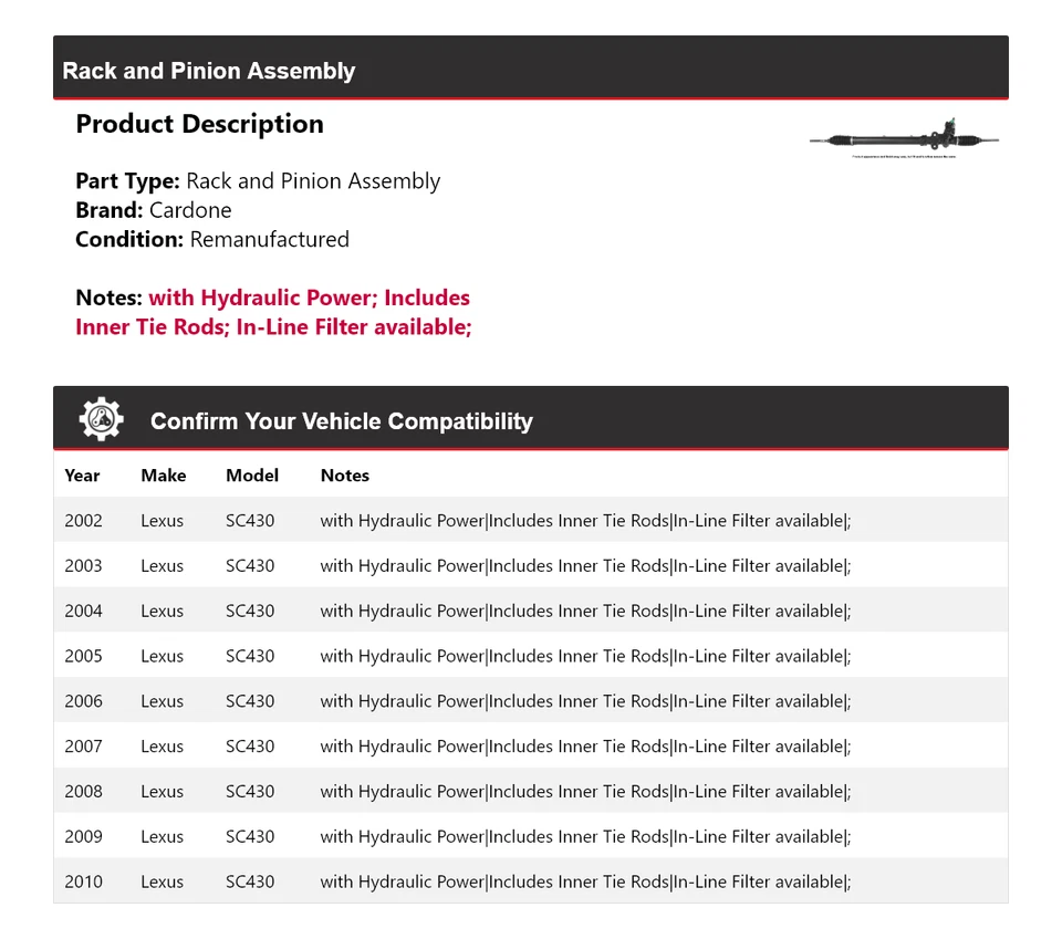 Conjunto de piñón y cremallera Cardone 2003 2004 2005 2006 para Lexus SC430 2002-2010 Foto 2 de 4