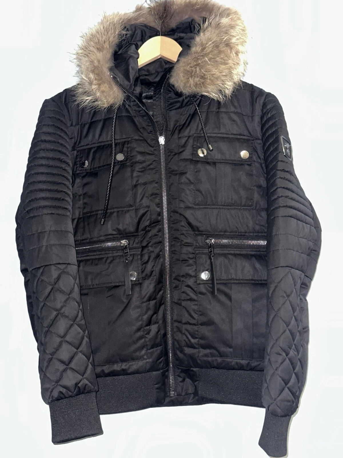 7THHVN VERONA 1348 BLACK JACKET WITH FUR HOODIE “SIZE L”
