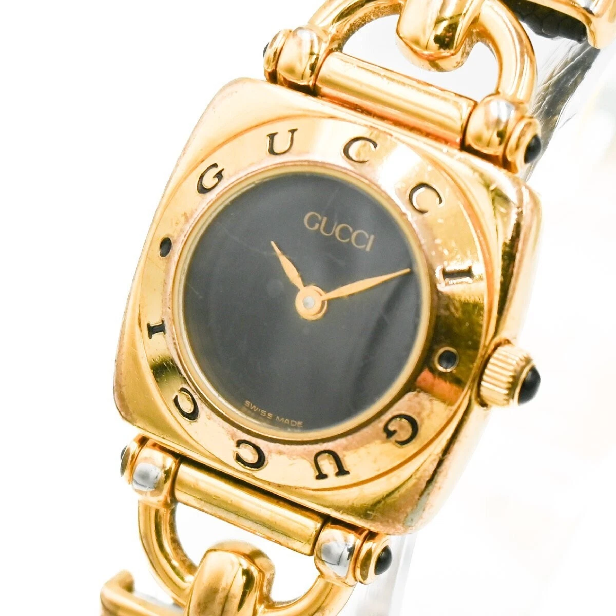 [Exc+5] Montre Gucci 6300L Vintage Mors Cheval 21mm Femme Noir Occasion Fonctionne