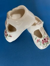 Vintage Pair Of 3 3/4  Cream Porcelain Baby Shoes W/ Floral Hand Painted Design