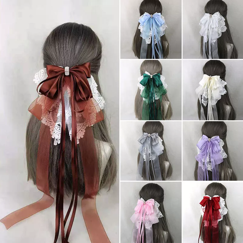 Large Bowknot Satin Long Ribbon Multicolor Elegant Multilayer Lace Hair Ornament