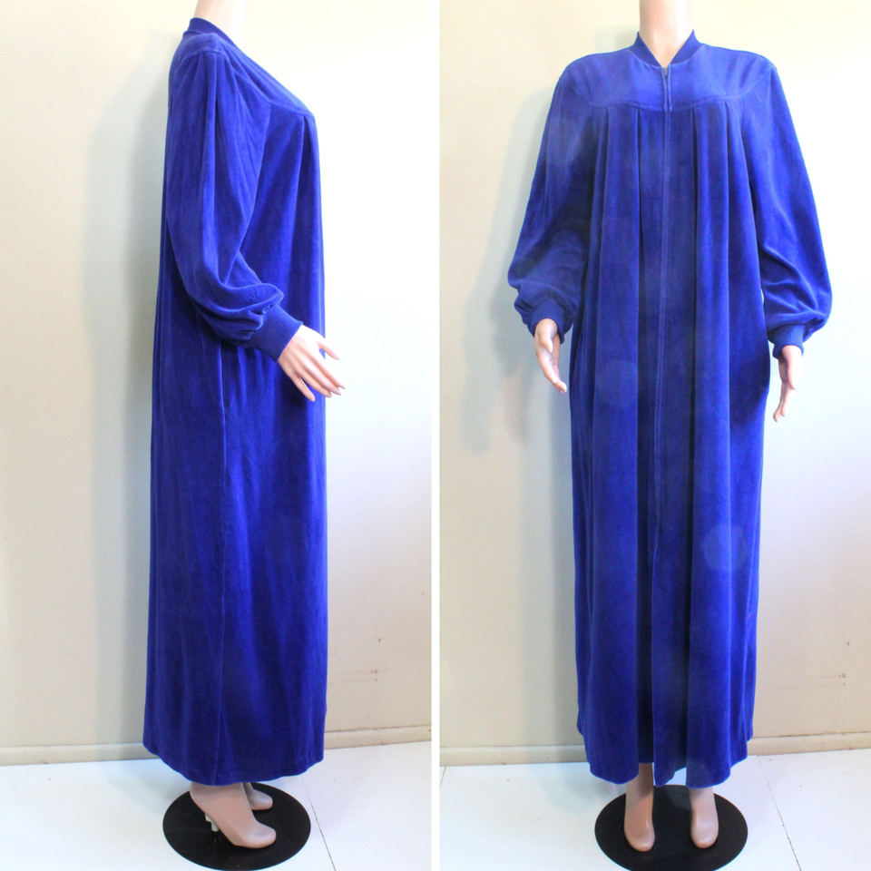 Womens L XL Blue Cotton Blend Robe Stretch Velour Zip Front L/Sleeve