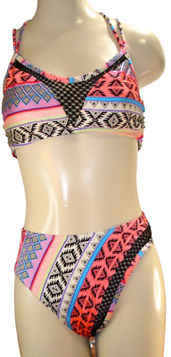 Swimsuit OP WOMENS NEON MULTICOLORED AZTEC PRINT BIKINI SIZE LARGE (11-13)