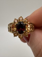 9ct Gold Natural Garnet & Citrine Sunflower Ring – Hallmarked UK 3.1g Pre Loved