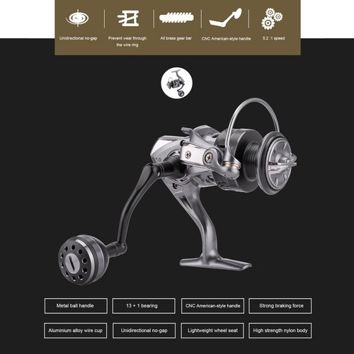 Fishing Reel 5.2:1 13+1BB Without Gaps Bearings Spinning Reel Smooth Metal S HOT - Bild 8 von 24