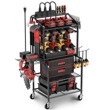 Power Tool Organizer Cart with Charging Station, Garage Floor Standing Rollin...
