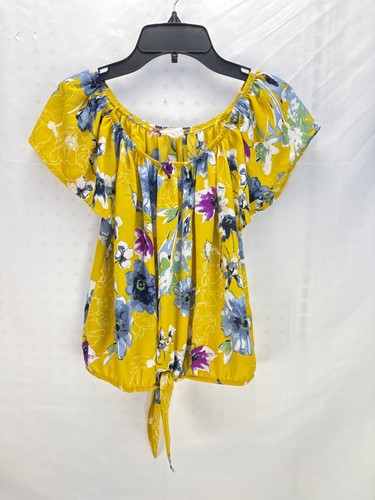 Sienna Sky Yellow Floral Peasant Blouse Tie Front Short Sleeve Women’s XS - Picture 2 of 7