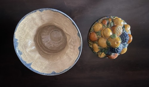 Centrotavola frutta vintage metà secolo maiolica ceramica coperchio 15 x 9 RARO - Foto 5 di 17