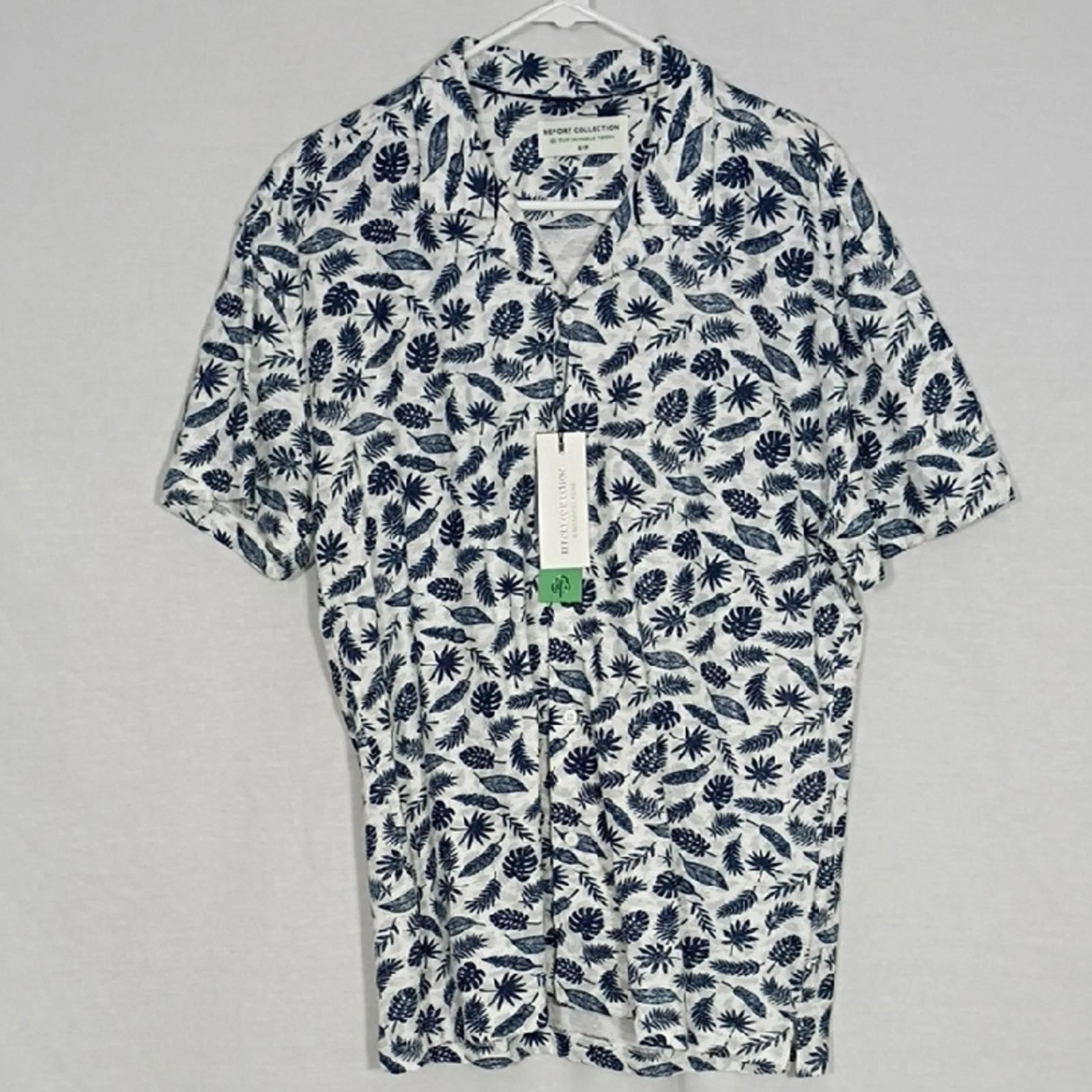 NWT Report Collection White Short Sleeve Cotton Leaf Print Knit Camp Shirt Sz Sm