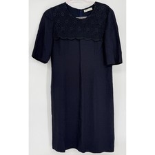 Dana Paris Navy Blue Crochet Lace Bib Shift Dress Short Sleeve Japan Women Sz 9