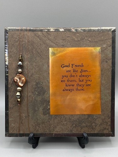 Metal Framed Ceramic Tile Copper Plaque Wire/Stones "Good Friends" 6.5" Sq. Hang - Picture 2 of 5
