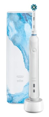 Oral-B Pro1 750 Elektrische Zahnbürste White Design Edition mit Reiseetui