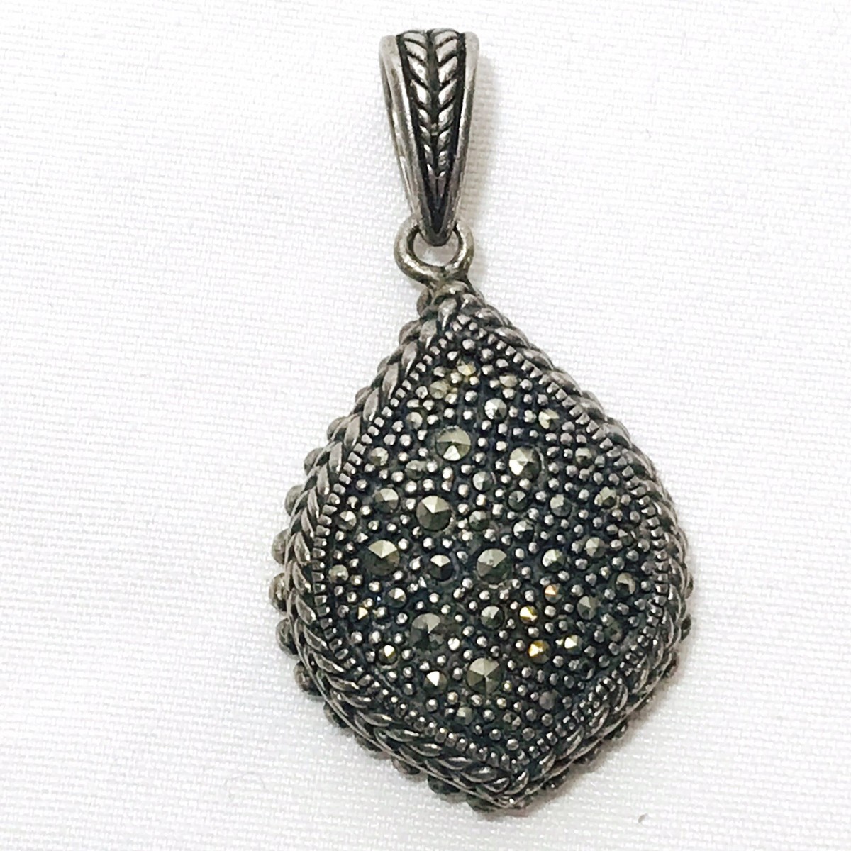 Vintage Sterling Silver 925 Marcasite Signed Teardrop Pendant