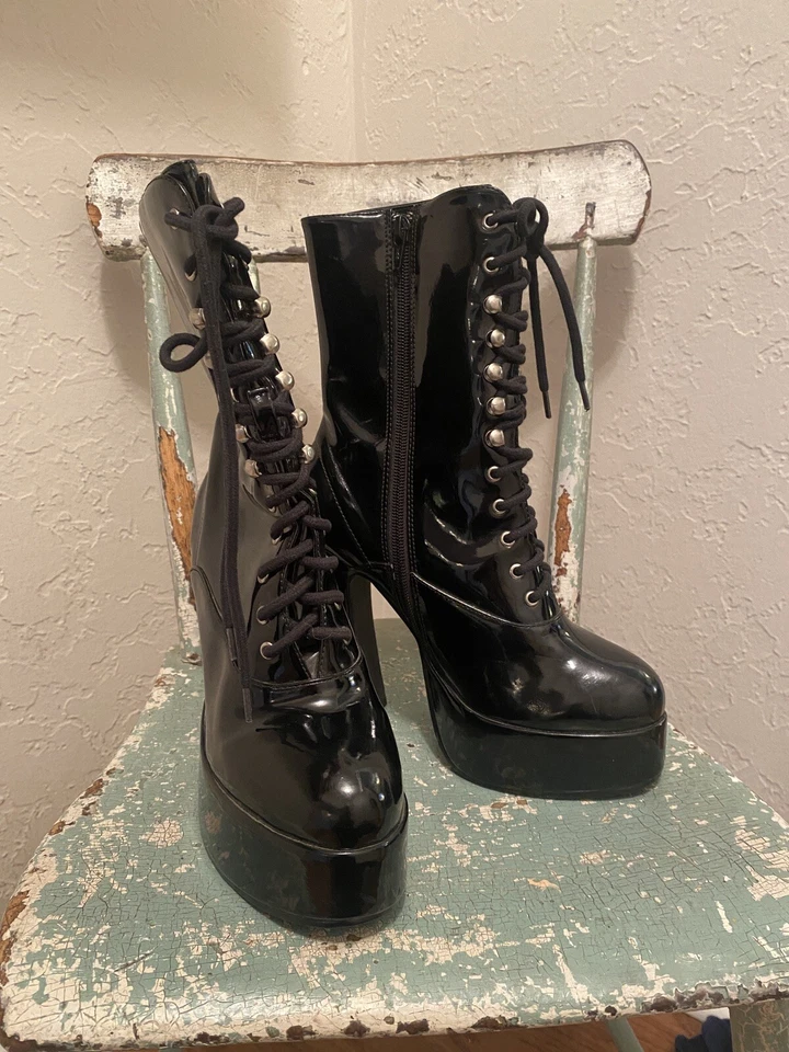 Botas con cordones vintage 1980 Ellie charol negro 5-6,5 punk heavy metal nunca usadas Foto 2 de 4