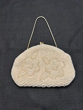Vintage Beaded White Ivory Floral And Gold Gold Tone Hand Bag Satin Interior