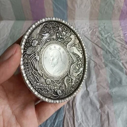 Exquisito Plato Antiguo Chino Tíbet Plata Tallado a Mano Dragón Fénix Foto 2 de 4