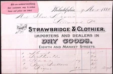 1888 Strawbridge & Clothier Dealers in Dry Goods Philadelphia PA Billhead